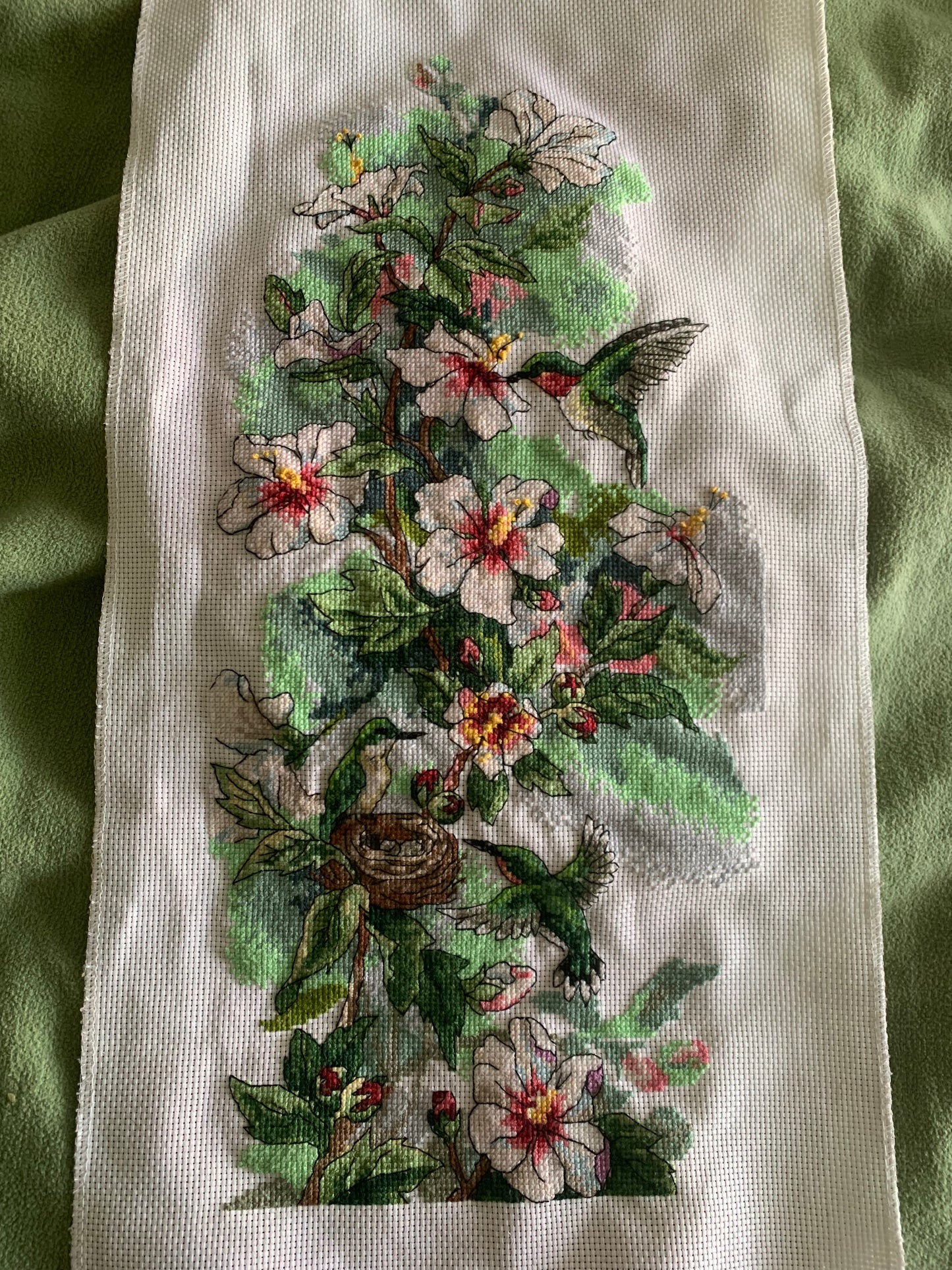 Cross stitched Hummingbird and flowers
