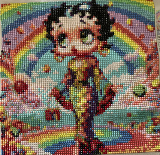 Diamond painting of a cartoon character with a colorful background
